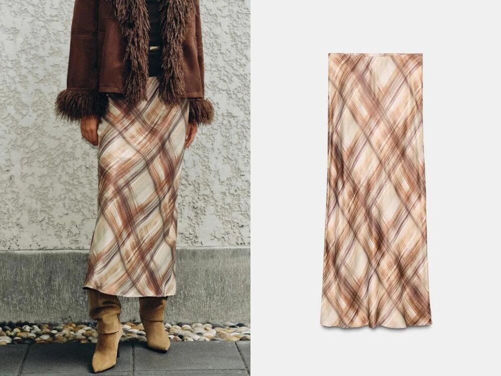 ZARA Satin Maxi Skirt Size M Brown Plaid Print Slip Skirt Trendy NWT